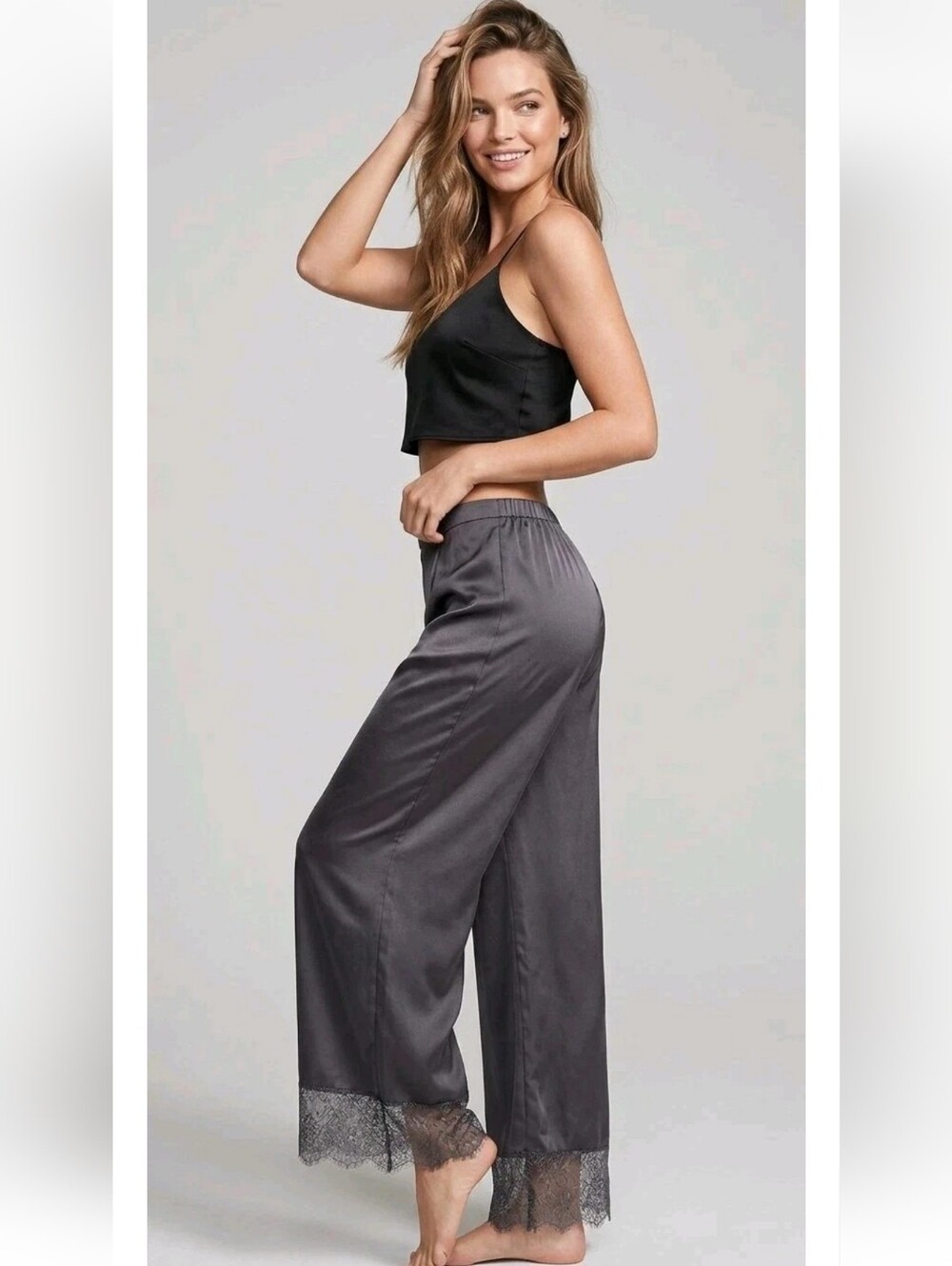 Victoria's Secret Dark Brown Chantilly Lace Trim Satin Lounge Pijama Pants! S